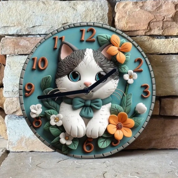 NIB! Adorable Gray and White Colored Cat Clock! - Picture 2 of 7